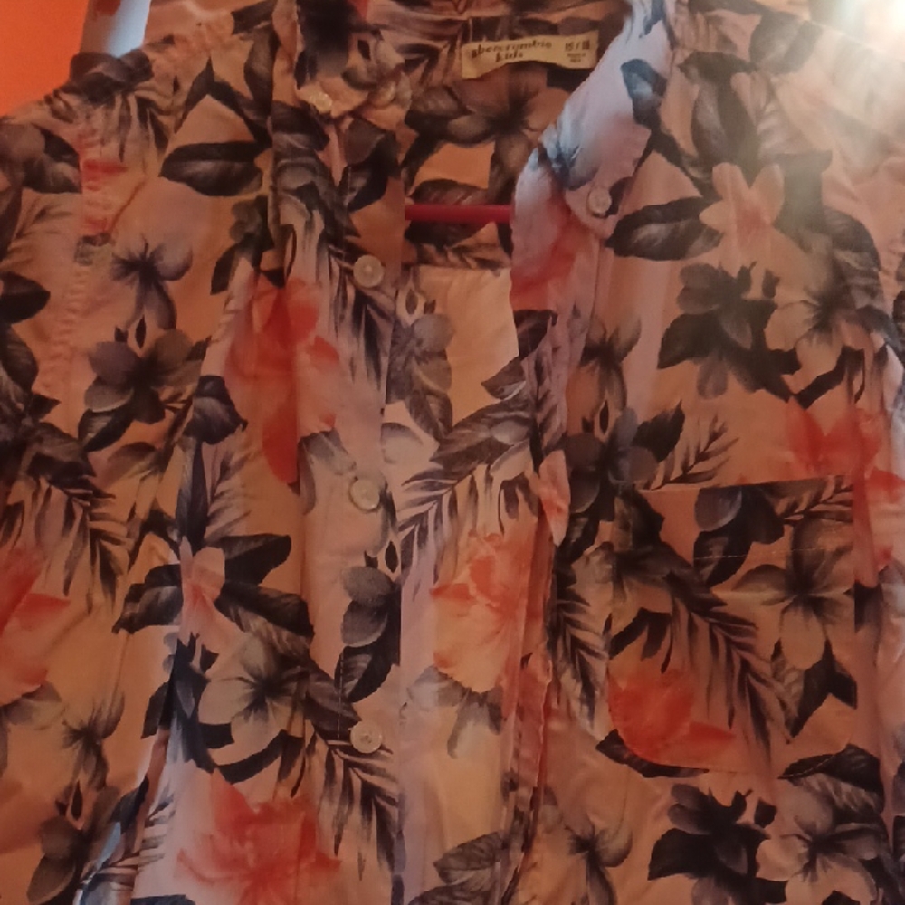 Abercrombie Kids Floral Button Down Shirt - Coral and Navy